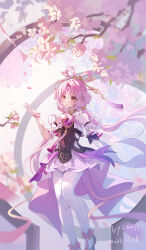 Rule 34 | 1girl, bare shoulders, black dress, blush, cherry blossoms, cloud print, dated, detached sleeves, dress, flower, forehead jewel, fu xuan (honkai: star rail), full body, gloves, hair ornament, hair rings, hair stick, highres, honkai: star rail, honkai (series), jewelry, long hair, miaogujun, neck tassel, necklace, pantyhose, parted bangs, parted lips, pink flower, pink hair, shoes, short sleeves, solo, tassel, tassel hair ornament, tree, very long hair, white gloves, white pantyhose, white sleeves