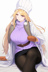 Rule 34 | 1girl, arm at side, arm support, bed sheet, belt, black pantyhose, black skirt, blonde hair, blush, breasts, brown mittens, closed mouth, clothes grab, coat, eris (shadowverse), feet out of frame, fur-trimmed coat, fur trim, hat, highres, large breasts, long hair, long sleeves, looking at viewer, mitre, mittens, obaoba (monkeyix), on bed, pantyhose, pencil skirt, pom pom (clothes), purple sweater, red eyes, ribbed sweater, shadowverse, simple background, sitting, skirt, smile, solo, sweater, swept bangs, turtleneck, turtleneck sweater, white background, white coat, white hat