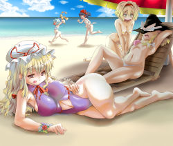 Rule 34 | &gt; &lt;, 5girls, :p, age difference, alice margatroid, angry, arms behind head, assisted exposure, barefoot, beach, bikini, bikini tan, black hair, blonde hair, blue hair, bow, breasts, censored, chasing, child, cirno, clenched hand, clenched hands, closed eyes, clothes theft, clothing cutout, cloud, completely nude, curvy, day, feet, female focus, flat chest, fundoshi, green eyes, hair bow, hairband, hakurei reimu, hand on own hip, hat, highres, hip focus, japanese clothes, kirisame marisa, kneeling, large breasts, long hair, lying, mayo, mayo (inumayo), mayo (pixiv), multiple girls, navel, navel cutout, novelty censor, nude, ocean, on side, one-piece swimsuit, open mouth, outdoors, pasties, plump, purple eyes, ribbon, running, sand, sarashi, short hair, sideboob, sky, sleeping, star (symbol), swimsuit, swimsuit theft, tan, tanline, theft, thighs, toes, tongue, tongue out, touhou, umbrella, water, wide hips, witch hat, yakumo yukari, zenra