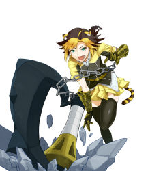 Rule 34 | 10s, ahoge, animal ears, armor, axe, bad id, bad pixiv id, blonde hair, braid, brown hair, chain, dog days, dyed bangs, fangs, gauntlets, green eyes, highres, jaune clafoutis, multicolored hair, open mouth, osashimi, skirt, slit pupils, solo, tail, thighhighs, tiger ears, tiger tail, two-tone hair, weapon, zettai ryouiki