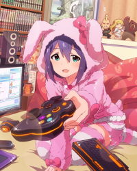 Rule 34 | 10s, 1girl, :d, animal ears, animal hood, blush, card (medium), character name, company connection, controller, emilie de rochefort, fluffy legwear, game controller, gamepad, hood, hoodie, idolmaster, idolmaster million live!, jack-6, kuma (tekken), looking at viewer, loungewear, mochizuki anna, namco, official art, open mouth, rabbit ears, rabbit hood, smile, socks, striped clothes, striped thighhighs, tekken, textless version, thighhighs, tron legacy
