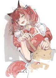 Rule 34 | 1girl, :3, absurdres, ahoge, akami karubi, animal ears, apron, blue ribbon, blush, bow, breasts, cat ears, cat girl, cat tail, commentary request, cropped legs, dress, fangs, hair ribbon, half-closed eyes, highres, ikuhana niiro, indie virtual youtuber, large breasts, looking at viewer, medium hair, open mouth, pendant choker, puffy short sleeves, puffy sleeves, red bow, red dress, red hair, ribbon, shadow, short sleeves, simple background, slit pupils, smile, solo, stuffed animal, stuffed cat, stuffed toy, tail, twintails, virtual youtuber, waist apron, white background, yellow eyes