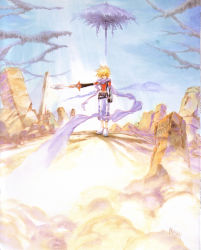 Rule 34 | 1boy, absurdres, highres, inomata mutsumi, kyle dunamis, male focus, official art, painting (medium), ruins, scan, solo, sword, tales of (series), tales of destiny 2, traditional media, watercolor (medium), weapon