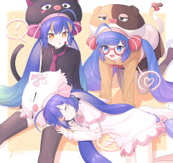 Rule 34 | !, 3girls, absurdres, ahoge, all fours, alternate costume, alternate eye color, animal hat, arms at sides, black headwear, black pantyhose, black skirt, black sweater, black tail, black thighhighs, blue eyes, blue hair, blunt bangs, blush, border, bow, bowtie, brown headwear, brown tail, cat hat, cat tail, closed eyes, closed mouth, dress, facial mark, fang, gradient hair, green hair, hair between eyes, hair ornament, hairclip, hat, heart, highres, hood, hood down, hoodie, large hat, long hair, long sleeves, looking at another, low twintails, multicolored clothes, multicolored hair, multicolored headwear, multicolored tail, multiple girls, multiple persona, necktie, no shoes, open mouth, orange background, orange eyes, orange hair, orange headwear, orange hoodie, orange tail, otomachi una, otomachi una (spicy), otomachi una (sugar), otomachi una (talkex), pantyhose, pink bow, pink necktie, pink trim, polka dot, polka dot background, purple hair, red-framed eyewear, red bow, sitting, skirt, sleeping, smile, spoken exclamation mark, spoken heart, streaked hair, striped bow, striped clothes, striped sweater, suiso sn3, sweater, tail, talkex, thighhighs, turtleneck, turtleneck sweater, twintails, two-tone hoodie, v-shaped eyebrows, vertical-striped sweater, very long hair, vocaloid, white border, white dress, white headwear, white hoodie, white tail, white trim, zzz