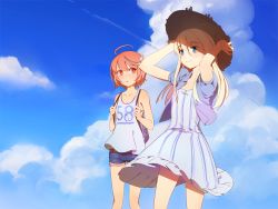 Rule 34 | 10s, 2girls, 3four, ahoge, alternate color, alternate costume, backpack, bag, blonde hair, blue eyes, cloud, day, dress, hat, i-58 (kancolle), kantai collection, long hair, multiple girls, outdoors, red eyes, red hair, shirt, short shorts, shorts, sky, sleeveless, sleeveless shirt, smile, straw hat, sun hat, u-511 (kancolle)