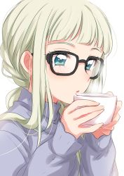 Rule 34 | 1girl, absurdres, aikatsu!, aikatsu! (series), black-framed eyewear, blue eyes, blue sweater, blunt bangs, blush, commentary request, cup, glasses, highres, holding, holding cup, long sleeves, parted lips, sekina, silver hair, simple background, solo, steam, sweater, todo yurika, upper body, white background