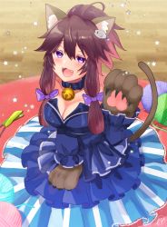 Rule 34 | 1girl, :3, :d, ahoge, animal ear fluff, animal ears, animal hands, bad id, bad pixiv id, bare shoulders, bell, blue collar, blue dress, blue sleeves, blurry, blurry background, blush, bow, breasts, brown hair, cat ears, cat girl, cat tail, cat teaser, cleavage, collar, collarbone, commentary request, depth of field, detached sleeves, dress, fangs, fish hair ornament, gloves, hair between eyes, hair bow, hair ornament, ittokyu, jingle bell, long hair, long sleeves, medium breasts, neck bell, open mouth, original, paw gloves, purple bow, sidelocks, signature, sleeves past wrists, smile, solo, star (symbol), strapless, strapless dress, tail, tail raised, wooden floor, yarn, yarn ball