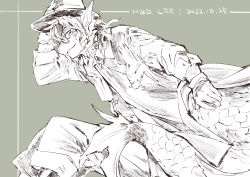 Rule 34 | absurdres, arknights, arm up, dated, e-bushi, feet out of frame, furry, furry male, glasses, grey background, greyscale, hand on headwear, hat, highres, jacket, leaning forward, lee (arknights), long sleeves, looking at viewer, monochrome, pants, parted lips, pointy ears, simple background, sitting, smile, tail