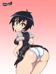 Rule 34 | 1girl, ass, black hair, blush, breasts, cameltoe, chivox00, from behind, highres, huge ass, marvel, medium breasts, panties, peni parker, red eyes, school uniform, shiny skin, short hair, sideboob, skirt, smile, solo, spider-man: into the spider-verse, spider-man (series), spider-verse, underwear