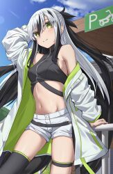 Rule 34 | 1girl, absurdres, arm up, black hair, black thighhighs, blush, breasts, closed mouth, coat, crop top, day, fate/grand order, fate (series), green eyes, hair between eyes, highres, long hair, long sleeves, looking at viewer, midriff, multicolored hair, nagao kagetora (fate), navel, open clothes, open coat, outdoors, short shorts, shorts, single thighhigh, skindentation, small breasts, smile, solo, standing, stomach, thigh strap, thighhighs, toukan, two-tone hair, uesugi kenshin (fate), very long hair, white coat, white hair, white shorts