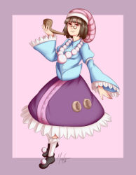 Rule 34 | 1girl, artist name, brown hair, dress, full body, hat, jewelry, long sleeves, looking at viewer, marine benefit, mefomefo, monocle, necklace, orange eyes, pearl necklace, shell, shindou kasumi, shirt, shoes, short hair, simple background, sindou kasumi, skirt, smile, smoking pipe, socks, solo