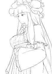 Rule 34 | 1girl, blunt bangs, book, bow, bowtie, breasts, capelet, closed mouth, crescent, crescent hat ornament, dress, hair bow, hat, hat ornament, hat ribbon, highres, holding, holding book, hyoutan tan, large breasts, long hair, mob cap, monochrome, one-hour drawing challenge, patchouli knowledge, ribbon, robe, simple background, sketch, solo, striped clothes, striped dress, touhou, very long hair, white background, wide sleeves