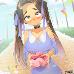 Rule 34 | 1girl, black choker, blue dress, blue ribbon, blush, box, breasts, brown eyes, brown hair, choker, cleavage, copyright name, dairoku ryouhei, day, dress, freckles, gift, hair ribbon, heart-shaped box, large breasts, long hair, looking at viewer, osanpo893, outdoors, ribbon, solo, standing, twintails