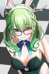Rule 34 | 1girl, absurdres, animal ears, antlers, armpit crease, bakedmonogamy, blue bow, blush, bow, breasts, ceres fauna, cleavage, closed mouth, detached collar, fake animal ears, from above, glasses, green hair, hair ribbon, highres, hololive, hololive english, horns, leotard, long hair, looking at viewer, medium breasts, playboy bunny, rabbit ears, ribbon, solo, twintails, virtual youtuber, yellow eyes