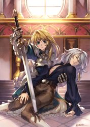Rule 34 | 1boy, 1girl, armor, armored dress, blonde hair, blouse, blue dress, blue eyes, boobplate, boots, breastplate, brown pants, closed eyes, closed mouth, dress, gauntlets, highres, holding, holding sword, holding weapon, indoors, kneeling, kotatsu (g-rough), long hair, long sleeves, looking at viewer, open clothes, open shirt, original, pants, parted lips, puffy sleeves, purple shirt, shirt, stairs, sword, very long hair, weapon