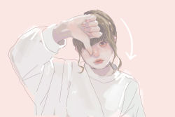 Rule 34 | 1girl, brown hair, fingernails, hair over one eye, head tilt, lipstick, long fingernails, long sleeves, makeup, nail polish, nose, oversized clothes, pink background, pink nails, red lips, shirt, short hair, simple background, solo, thumbs down, white shirt, yukisita mayu