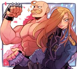 Rule 34 | 1boy, 1girl, ahoge, alex louis armstrong, bald, blonde hair, blue coat, blue eyes, blush, bouquet, brother and sister, closed mouth, coat, facial hair, flower, fullmetal alchemist, gloves, hair over one eye, handlebar mustache, highres, holding, long hair, long sleeves, looking at viewer, muscular, muscular male, mustache, olivier mira armstrong, one eye covered, red flower, red rose, rose, siblings, signature, smile, sparkle, sui (suizilla), topless male, uniform, white gloves