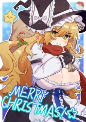 Rule 34 | 1girl, absurdres, black gloves, black skirt, blonde hair, blue ribbon, blush, bow, breasts, christmas, cleavage, cleavage cutout, closed mouth, clothing cutout, commentary request, cookie (touhou), cowboy shot, creatures (company), frilled shirt, frills, game freak, gloves, hair between eyes, hat, hat bow, highres, holding, holding sack, huge breasts, inabahitomi, kirisame marisa, long hair, looking at viewer, mars (cookie), merry christmas, messy hair, nintendo, partially fingerless gloves, poke ball, pokemon, red scarf, rei no himo, ribbon, sack, scarf, shirt, skirt, smile, solo, star (symbol), suzu (cookie), touhou, very long hair, white bow, white shirt, witch hat, yellow eyes