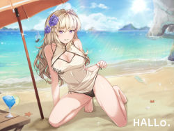 Rule 34 | 1girl, absurdres, arm support, beach, beach umbrella, blonde hair, blue skirt, blush, breasts, cleavage, cleavage cutout, clothing cutout, cloud, crab, day, flower, food, fruit, garter straps, glass bottle, hair flower, hair intakes, hair ornament, hallohi, highres, kneeling, lace, lace-trimmed panties, lace trim, large breasts, lime (fruit), lime slice, long hair, looking at viewer, ocean, original, palm tree, panties, shore, skirt, smile, solo, starfish, swimsuit, tree, umbrella, underwear