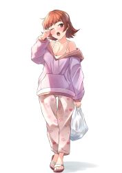 Rule 34 | 1girl, absurdres, b1ack illust, bag, blush, bra, breasts, brown eyes, brown hair, cleavage, collarbone, dot nose, heart, heart print, highres, holding, holding bag, hood, hood down, hoodie, idolmaster, idolmaster million live!, idolmaster million live! theater days, looking at viewer, medium breasts, messy hair, nonohara akane, off shoulder, one eye closed, open mouth, pants, plastic bag, purple hoodie, rubbing eyes, sandals, short hair, simple background, solo, standing, underwear, white background, white bra, white pants, yawning