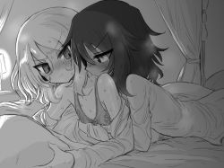 Rule 34 | 2girls, andou (girls und panzer), black hair, blonde hair, blush, collarbone, dark-skinned female, dark skin, girls und panzer, greyscale, hug, kyuusui gakari, lamp, long sleeves, looking at another, lying on another, medium hair, messy hair, monochrome, multiple girls, on bed, oshida (girls und panzer), sweatdrop, undressing another, v-shaped eyebrows, yuri