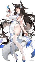 Rule 34 | 1girl, animal ears, bare arms, bare shoulders, black hair, blue eyes, blue footwear, blue nails, blunt bangs, breasts, china dress, chinese clothes, cleavage, cleavage cutout, clothing cutout, commission, cutout above navel, dress, facial mark, fingernails, flower, folded fan, folding fan, fox ears, fox tail, from side, full body, garter straps, grin, groin, hair flaps, hair flower, hair ornament, hand fan, high heels, highres, large breasts, long dress, long hair, looking at viewer, mayuri kaichou, nail polish, original, panties, pumps, seductive smile, shawl, side slit, sideless outfit, sideways glance, skeb commission, smile, solo, tail, thighhighs, underwear, very long hair, white dress, white garter straps, white panties, white thighhighs