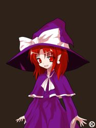 Rule 34 | 1girl, alphes (style), capelet, dress, earrings, female focus, hat, hat ribbon, jewelry, kaoru (gensou yuugen-an), kirisame marisa, kirisame marisa (pc-98), open mouth, parody, pointy ears, red eyes, red hair, ribbon, short hair, simple background, solo, style parody, touhou, witch, witch hat