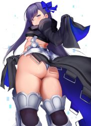 Rule 34 | 1girl, armor, armored boots, ass, black coat, blue eyes, boots, breasts, coat, commentary request, cowboy shot, crotch plate, fate/extra, fate/extra ccc, fate (series), from behind, hair ribbon, highleg, highleg panties, highres, huge ass, jirusu, juliet sleeves, long hair, long sleeves, medium breasts, meltryllis (fate), midriff, panties, plump, puffy sleeves, purple hair, ribbon, sleeves past wrists, solo, thick thighs, thighs, underboob, underwear, very long hair, wide hips