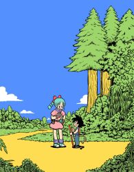 Rule 34 | 1boy, 1girl, aqua footwear, aqua hair, arawi keiichi, belt, belt pouch, black hair, black wristband, blue pants, blue shirt, blue sky, bow, braid, braided ponytail, brown gloves, bulma, cloud, day, dragon ball, dragon ball (object), dress, flat color, gloves, hair bow, highres, holding, holding dragon ball, holding staff, long hair, looking at another, monkey tail, open mouth, outdoors, pants, pink dress, plant, pouch, purple socks, red bow, shirt, shoes, short dress, short hair, short sleeves, sideways mouth, size difference, sky, socks, son goku, spiked hair, staff, tail, tree, wide shot