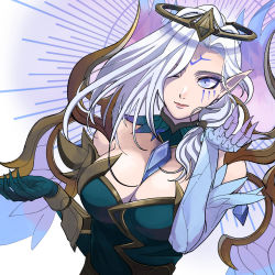Rule 34 | 1girl, asymmetrical bangs, bare shoulders, breasts, cleavage, closed mouth, dawnbringer morgana, detached collar, dress, elbow gloves, gloves, green dress, grey background, halo, hand up, highres, hiyari (hiyarilol), large breasts, league of legends, long hair, looking at viewer, low ponytail, morgana (league of legends), one eye closed, pink background, pointy ears, solo, upper body, white hair