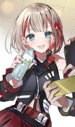 Rule 34 | 1boy, 1girl, bare shoulders, belt, black jacket, black sleeves, black suit, blue eyes, blush, bottle, bow, breasts, ceiling, cellphone, detached sleeves, dot nose, formal, grey hair, hair bow, hair ribbon, hand on another&#039;s shoulder, hands up, highres, holding, holding bottle, holding phone, idolmaster, idolmaster shiny colors, jacket, long sleeves, looking at another, midriff, multicolored hair, nail polish, open mouth, phone, pink nails, red belt, red hair, red ribbon, red trim, ribbon, serizawa asahi, shirt, short hair, shunka tunacan, sleeveless, sleeveless jacket, small breasts, smartphone, smile, streaked hair, suit, tile ceiling, tiles, white shirt, zipper, zipper pull tab