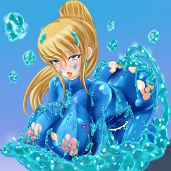Rule 34 | 1girl, absurdres, ahegao, ass, blonde hair, blue eyes, blush, breasts, clothed sex, gucchi (n3gt6apf), highres, inflation, large breasts, metroid, monster, nipples, samus aran, sex, slime, solo, stomach bulge, torn clothes, zero suit
