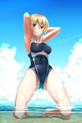 Rule 34 | 10s, 1girl, :/, abs, absurdres, armpits, arms behind head, bad id, bad pixiv id, blonde hair, blue eyes, blue sky, blush, breasts, cleavage, clothing cutout, cloud, competition swimsuit, darjeeling (girls und panzer), day, girls und panzer, highres, kneeling, large breasts, one-piece swimsuit, orange (sal1014), partially submerged, sideboob, sky, solo, swimsuit, thighs, underboob, underboob cutout, wet
