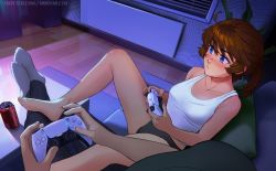 Rule 34 | 1boy, 1girl, :&lt;, ahoge, bare arms, bare shoulders, barefoot, black panties, blue eyes, blush, breasts, brooke (mleth), brown hair, can, coca-cola, collarbone, commentary, controller, couch, english commentary, feet on table, freckles, frown, game console, game controller, gamepad, indoors, legs, mleth, night, no pants, no shoes, original, paid reward available, panties, playing games, playstation 5, playstation controller, pov, pov hands, reclining, short ponytail, small breasts, solo focus, spread legs, tank top, toes, underwear, white tank top