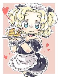 Rule 34 | 1girl, :3, apron, blonde hair, blue eyes, blush stickers, cake, croixsan, detached sleeves, female focus, flat chest, food, food on face, heart, icing, maid apron, maid headdress, original, parted bangs, puffy short sleeves, puffy sleeves, short sleeves, solo, strapless, two side up