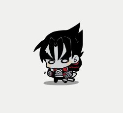 Rule 34 | 1boy, black hair, black pants, blank eyes, blush, chibi, gloves, grey background, grey shirt, hands on own hips, kazama jin, kotorai, male focus, muted color, no nose, pants, red gloves, shirt, signature, simple background, solo, standing, tekken, thick eyebrows