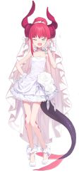 Rule 34 | 10s, 1girl, asymmetrical hair, asymmetrical horns, bare arms, bare legs, bare shoulders, choker, contrapposto, doremi, dress, earrings, elizabeth bathory (fate), elizabeth bathory (fate/extra ccc), fang, fate/extra, fate/extra ccc, fate (series), flower, full body, gloves, green eyes, hair up, hand on own hip, hand up, highres, horns, jewelry, long hair, looking at viewer, one eye closed, open mouth, pink hair, pointy ears, rose, shoes, short dress, smile, solo, standing, tail, uneven horns, veil, wedding dress, white choker, white dress, white flower, white footwear, white gloves, white rose