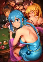 Rule 34 | &gt; &lt;, 1boy, 4girls, :|, alcohol, aqua (konosuba), back, backless dress, backless outfit, bad id, bad twitter id, bare back, bare legs, bare shoulders, black bra, black jacket, black panties, blonde hair, blue dress, blue eyes, blue hair, blush, bow, bow panties, bra, breasts, brown hair, card, casino card table, chair, cheating (competitive), closed eyes, closed mouth, commentary, darkness (konosuba), dot nose, dress, dress shirt, english commentary, feet out of frame, formal, from behind, furrowed brow, green eyes, green necktie, hair between eyes, hair bobbles, hair ornament, halterneck, highres, indoors, jacket, jewelry, jitome, khyle., kono subarashii sekai ni shukufuku wo!, long hair, long sleeves, looking at another, looking at viewer, matching hair/eyes, median furrow, medium breasts, megumin, multiple girls, necklace, necktie, object on head, off shoulder, open mouth, paid reward available, panties, panties on head, parted lips, pearl necklace, pink bow, pink lips, poker, poker table, ponytail, red eyes, sanpaku, satou kazuma, shiny clothes, shirt, short dress, short eyebrows, short hair, short hair with long locks, shoulder blades, sideboob, sidelocks, sitting, smile, straight hair, strap slip, strip game, strip poker, suit, table, tsurime, underwear, unfastened, unworn panties, upper body, v-shaped eyebrows, very long hair, wavy mouth, white shirt, x hair ornament, yunyun (konosuba)