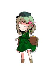 Rule 34 | 1girl, blush, brown footwear, card, chibi, closed eyes, closed mouth, dairi, dress, green dress, green hair, green headwear, green sleeves, hand up, long sleeves, short hair, simple background, smile, solo, standing, tachi-e, touhou, transparent background, white background, yamashiro takane