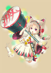 Rule 34 | 1girl, animal hood, bell, braid, brown hair, cat, cat hood, chestnut mouth, geta, glint, hammer, hood, open mouth, original, red eyes, saebashi, signature, solo, sword, twin braids, weapon