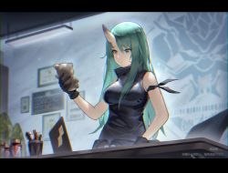 Rule 34 | 1girl, arknights, arm ribbon, armor, bare arms, bare shoulders, black gloves, black ribbon, black shirt, breastplate, breasts, chinese commentary, commentary request, gloves, great lungmen logo, green hair, grey eyes, hair between eyes, hand up, holding, holding stuffed toy, horns, hoshiguma (arknights), indoors, kuhnowushi, large breasts, letterboxed, long hair, ribbon, shirt, single horn, sleeveless, sleeveless shirt, solo, stuffed animal, stuffed toy, teddy bear, translation request, upper body, very long hair