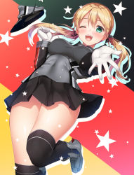Rule 34 | 1girl, anchor hair ornament, aqua eyes, black thighhighs, blonde hair, blush, breasts, german flag, gloves, hair between eyes, hair ornament, hat, highres, imachireki, kantai collection, large breasts, long hair, looking at viewer, low twintails, military, military uniform, miniskirt, one eye closed, open mouth, peaked cap, prinz eugen (kancolle), skirt, smile, socks, solo, star (symbol), starry background, thighhighs, twintails, uniform