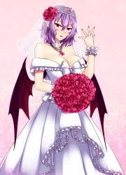 Rule 34 | 1girl, absurdres, aged up, bare shoulders, bat wings, bouquet, breasts, bridal veil, brooch, cleavage, collarbone, detached collar, dress, earrings, fangs, flower, hair flower, hair ornament, hand up, highres, jewelry, large breasts, nail polish, necklace, off-shoulder dress, off shoulder, ornate ring, pink nails, pointy ears, purple hair, red eyes, red flower, red rose, remilia scarlet, ring, rose, scrunchie, short hair, slit pupils, solo, sparkle, tiara, touhou, veil, wedding dress, wedding ring, white dress, wings, wrist scrunchie, zellam