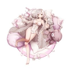 Rule 34 | 1girl, bare legs, bare shoulders, barefoot, bed sheet, blush, bow, braid, breasts, brown eyes, chemise, cleavage, clothing cutout, coat, collarbone, dress, edith (eversoul), eversoul, full body, game cg, grey hair, hair between eyes, hair bow, highres, looking at viewer, lying, medium breasts, navel, non-web source, official alternate costume, official alternate hairstyle, official art, on back, open clothes, open coat, panty straps, parted lips, pelvic curtain, pillow, pink bow, pink dress, see-through, slippers, solo, standing, stuffed animal, stuffed rabbit, stuffed toy, swept bangs, tachi-e, teddy bear, transparent background, twintails