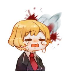 Rule 34 | 1boy, bird, black jacket, blonde hair, blood, closed eyes, collared shirt, commentary request, crying, harvest fes, jacket, limbus company, lobotomy corporation, motion blur, necktie, no nose, open clothes, open jacket, open mouth, project moon, punishing bird, red necktie, shirt, short hair, simple background, sinclair (project moon), white background, white bird