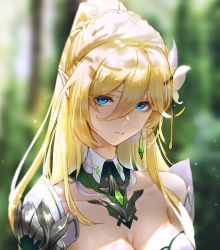 Rule 34 | 1girl, armor, backlighting, bianka durandal ataegina, bianka durandal ataegina (bright knight: excelsis), blonde hair, blue eyes, blurry, blurry background, braid, breasts, cleavage, close-up, commentary, detached collar, earrings, ether.b, expressionless, flower, hair between eyes, hair flower, hair ornament, highres, honkai (series), honkai impact 3rd, jewelry, large breasts, long hair, looking at viewer, outdoors, pointy ears, ponytail, shoulder armor, solo, upper body