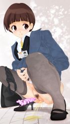 Rule 34 | 1girl, bag, black footwear, black panties, black vest, blush, brown hair, clothes lift, collarbone, dedenden (pixiv30568724), earrings, freckles, grey jacket, grey skirt, grey thighhighs, high heels, highres, id card, jacket, jewelry, lanyard, long sleeves, looking to the side, office lady, panties, panties around leg, peeing, pubic hair, puddle, pussy, shirt, shoes, short hair, skirt, skirt lift, squatting, striped clothes, striped vest, thighhighs, uncensored, underwear, vest, wall, white shirt