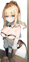 Rule 34 | 1girl, absurdres, arm support, bare shoulders, black bow, black gloves, blonde hair, blue eyes, bow, breasts, cleavage, commentary, detached collar, detached sleeves, genshin impact, gloves, hair between eyes, hair bow, highres, jean (genshin impact), large breasts, leaning forward, leggings, long hair, long sleeves, looking at viewer, nervous smile, pants, ponytail, revision, rikoma, shirt, sidelocks, smile, solo, standing, strapless, strapless shirt, white pants, white shirt