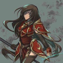 Rule 34 | 1girl, altena (fire emblem), armor, black thighhighs, brown eyes, brown hair, dress, fire emblem, fire emblem: genealogy of the holy war, floating hair, hairband, head tilt, highres, holding, holding polearm, holding weapon, long hair, looking at viewer, nintendo, polearm, red dress, solo, sorakaza, thighhighs, twitter username, very long hair, weapon, white hairband