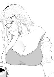 Rule 34 | 1girl, absurdres, bangs pinned back, bare shoulders, breast rest, breasts, cleavage, coffee, coffee mug, commentary, cup, english commentary, glasses, greyscale, half-closed eyes, head rest, highres, inne sulistya robin, large breasts, lips, long hair, looking at viewer, monochrome, mug, norman maggot, off shoulder, one eye closed, original, simple background, sleeping, sleeping upright, sleepy, solo, strap slip, teacher, upper body, white background